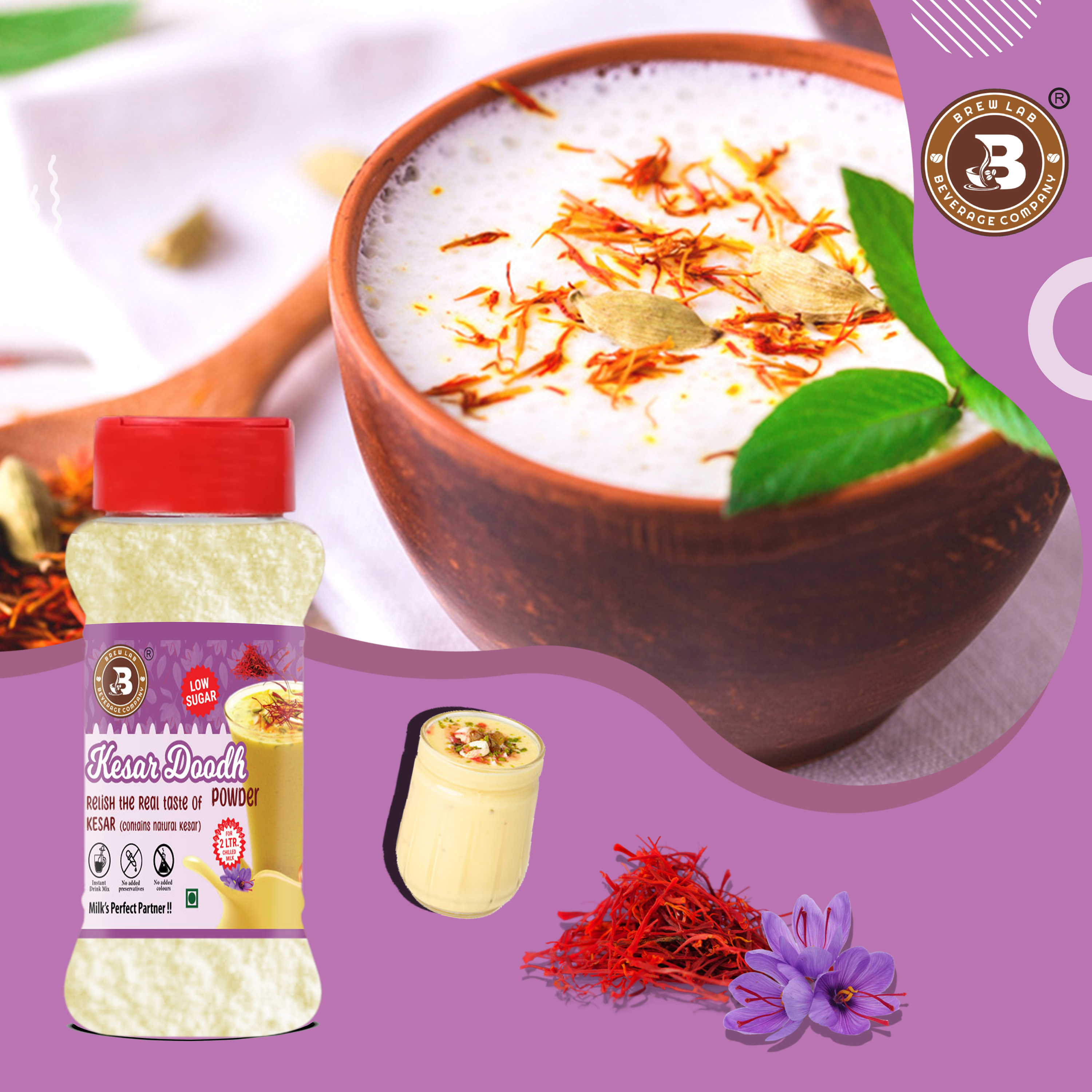 Brew Lab Kesar Doodh Low Sugar | Milk Perfect Partner Real Taste of Kesar | (100 gm)