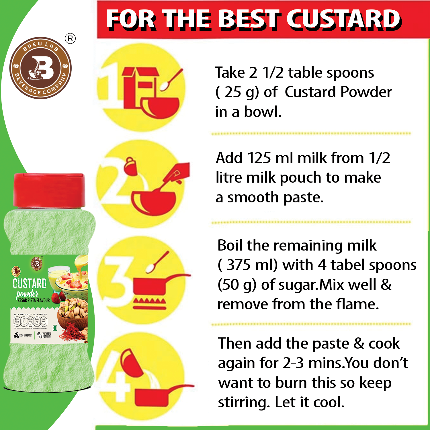 Brew Lab Kesar Pista Flavor Custard Powder | Rich, Creamy & Flavorful 100 g