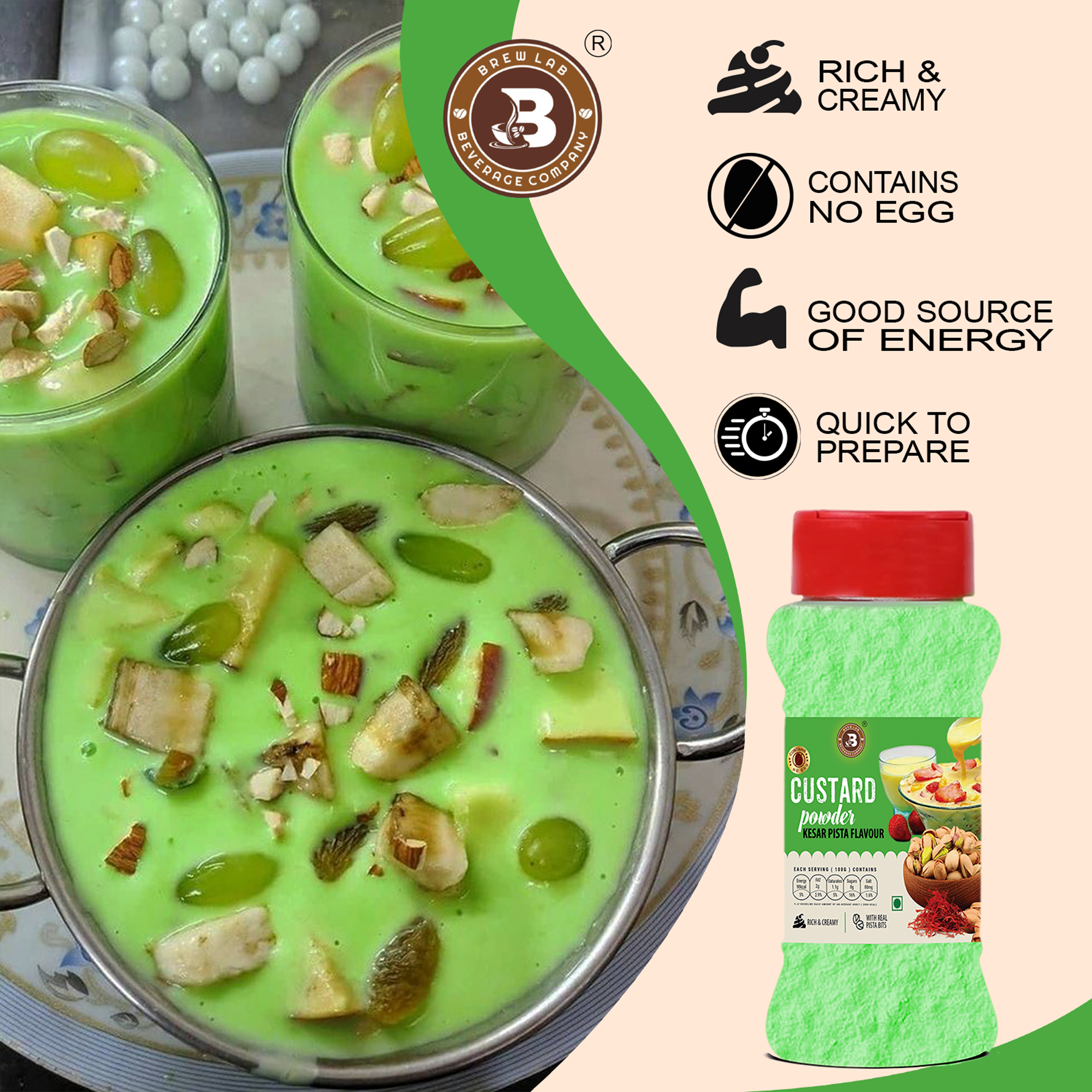 Brew Lab Kesar Pista Flavor Custard Powder | Rich, Creamy & Flavorful 100 g