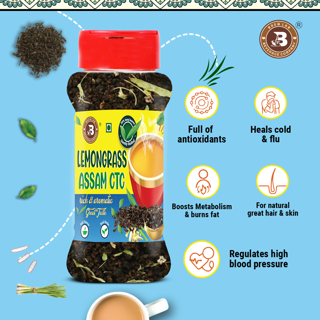 Brew Lab Lemon Grass Assam CTC | Rich & Aromatic Great Tate Goodness of Lemon Grass Lemon Grass Herbal Tea Plastic Bottle (100 g)