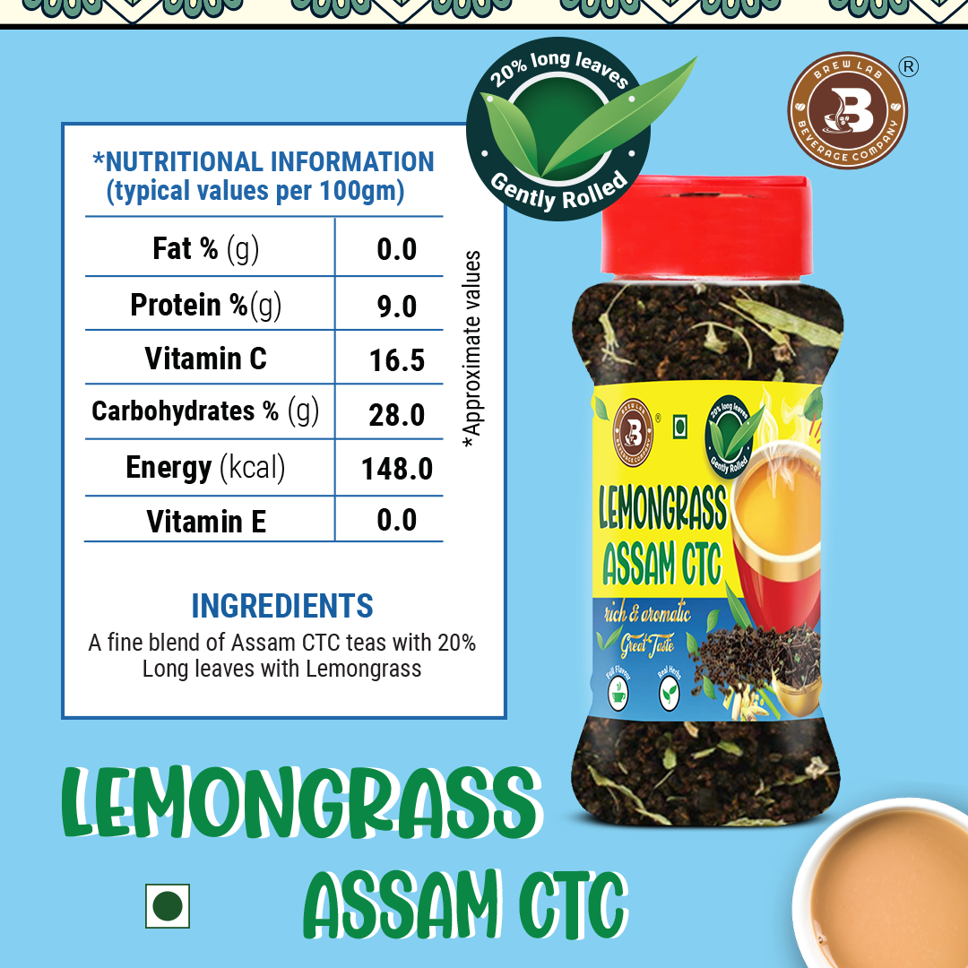 Brew Lab Lemon Grass Assam CTC | Rich & Aromatic Great Tate Goodness of Lemon Grass Lemon Grass Herbal Tea Plastic Bottle (100 g)
