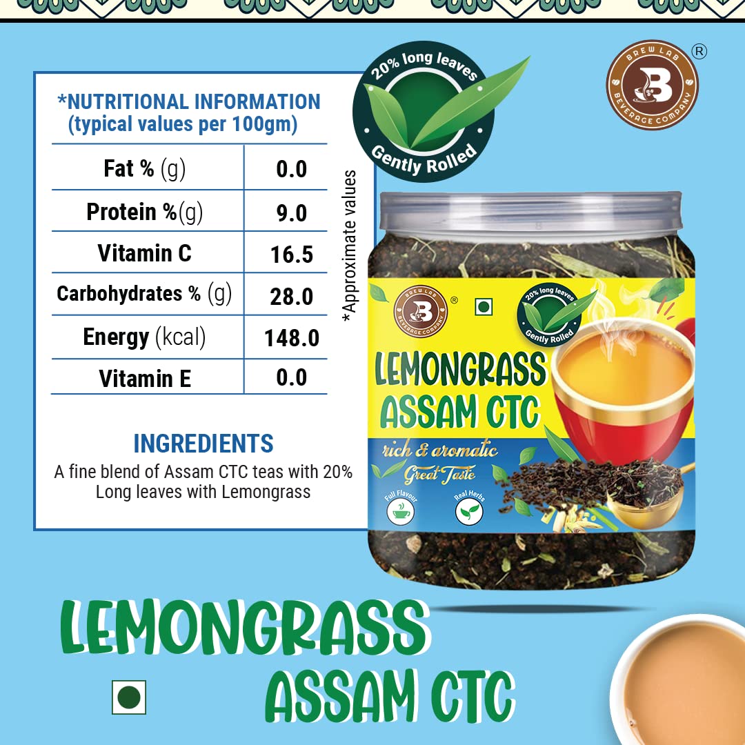 Brew Lab Rich & Aromatic Lemon Grass Assam CTC Tea Goodness of Lemon Grass Great In Taste Lemon Grass Herbal Tea Mason Jar (250 gm)