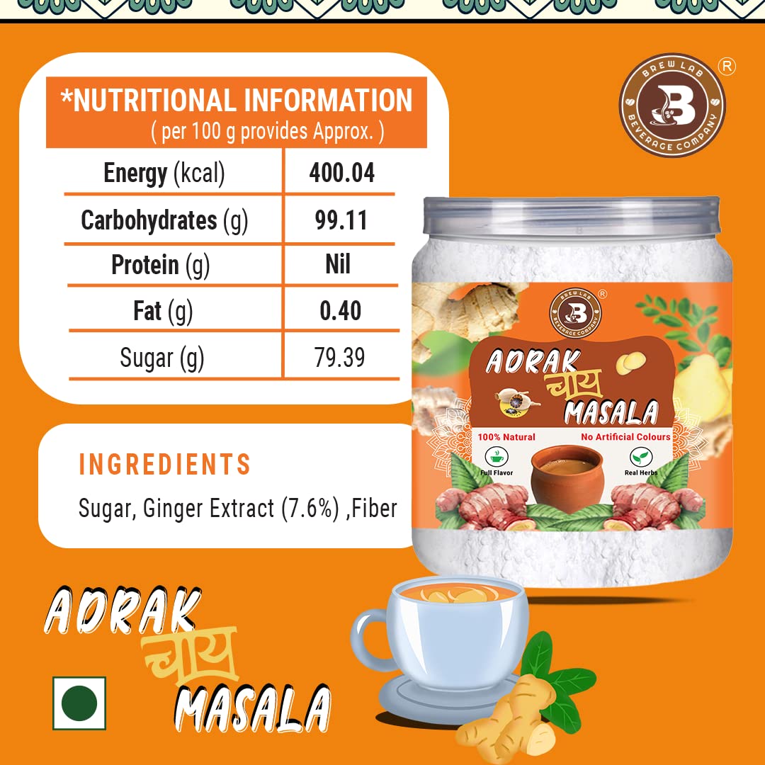 Brew Lab Pure & Natural Adrak Chai Masala Powder | No Added Flavor Ginger Masala Tea Plastic Bottle (100 g)