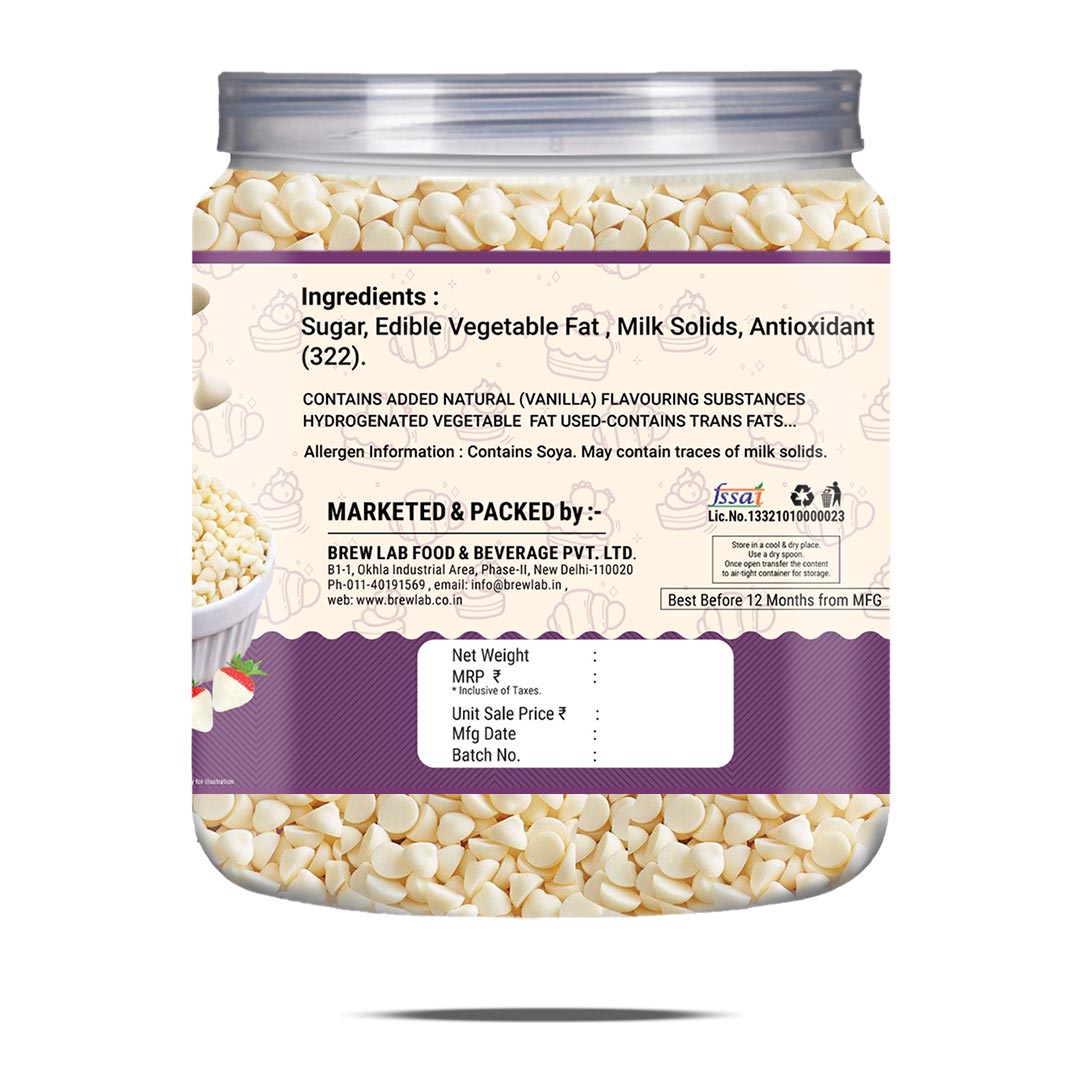 Brew Lab Pure White Chocolate Chips for Cake toppings Cooking & Baking Chips for Cakes, Cookies, Brownies, Muffins, Pancakes | Decoration & Baking | 250 gm