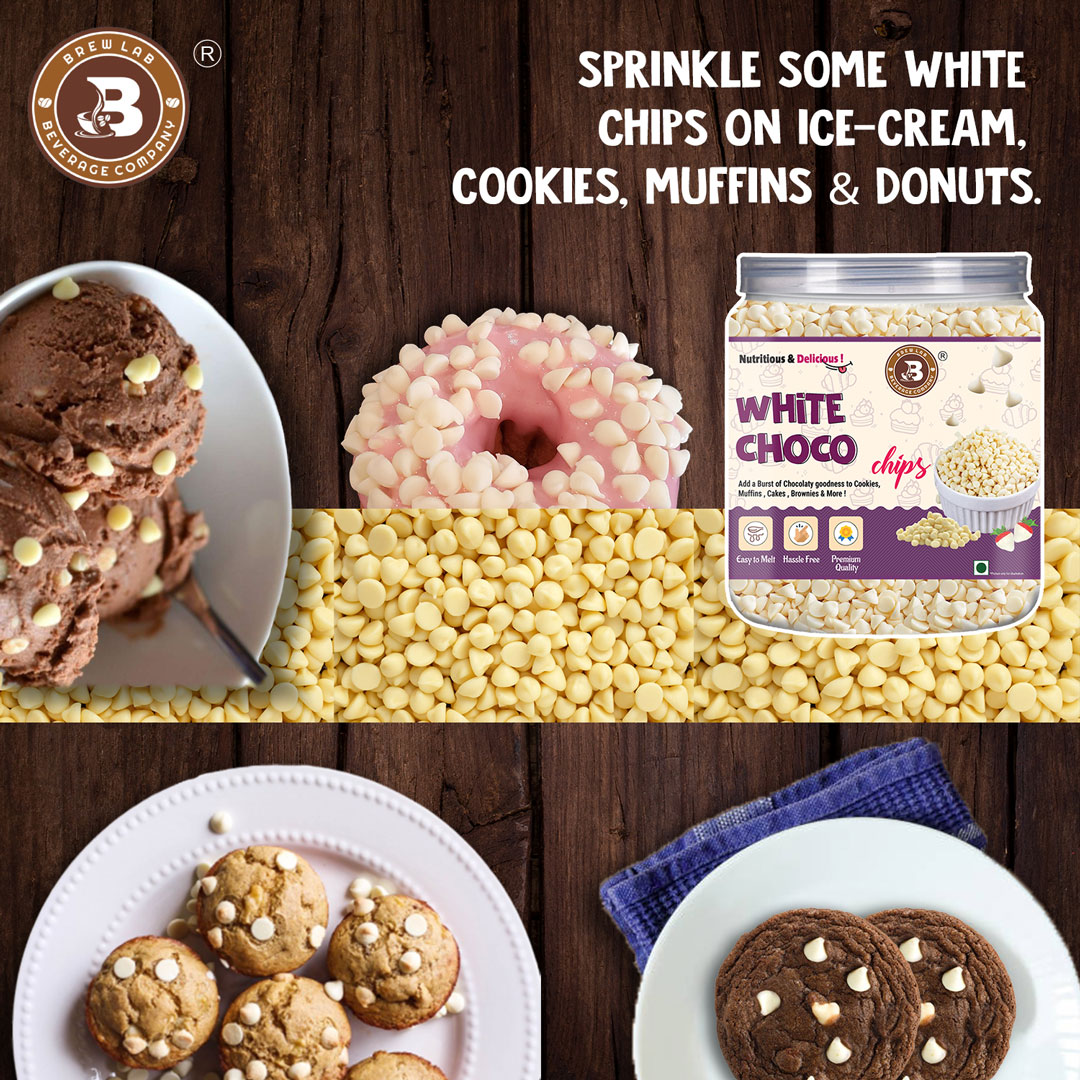 Brew Lab Pure White Chocolate Chips for Cake toppings Cooking & Baking Chips for Cakes, Cookies, Brownies, Muffins, Pancakes | Decoration & Baking | 250 gm