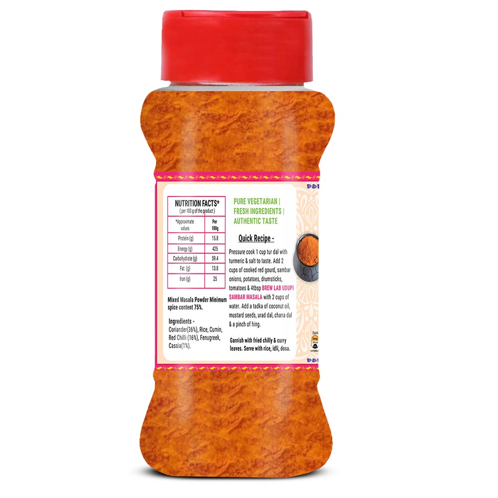 Brew Lab South Indian Udupi Sambar Masala | Authentic, mouth watering South Indian Spice | Pure Spice Mix for Daily Cooking-100 gm
