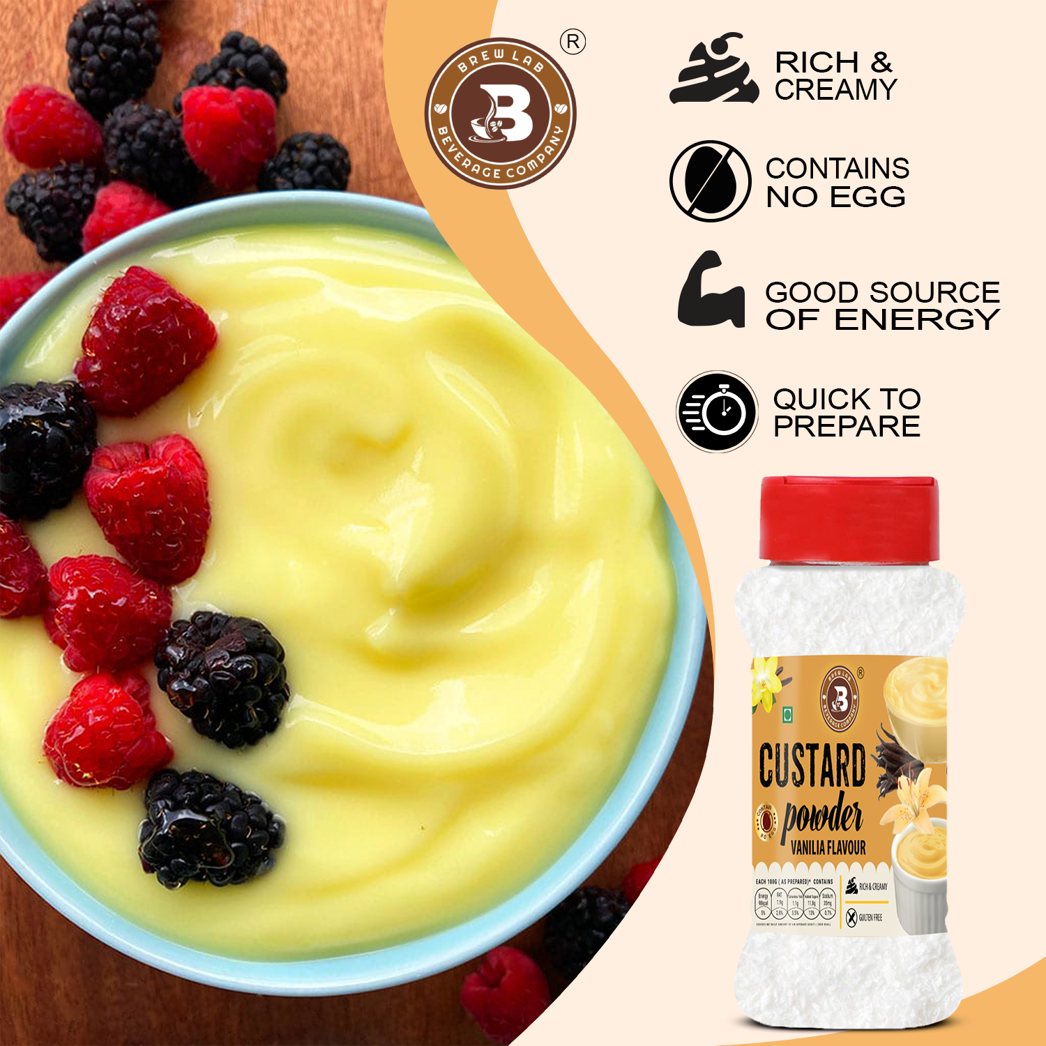 Brew Lab Vanilla Flavor Custard Powder | For Fruit Salad, Pudding, Milkshake & Desserts - 100 g