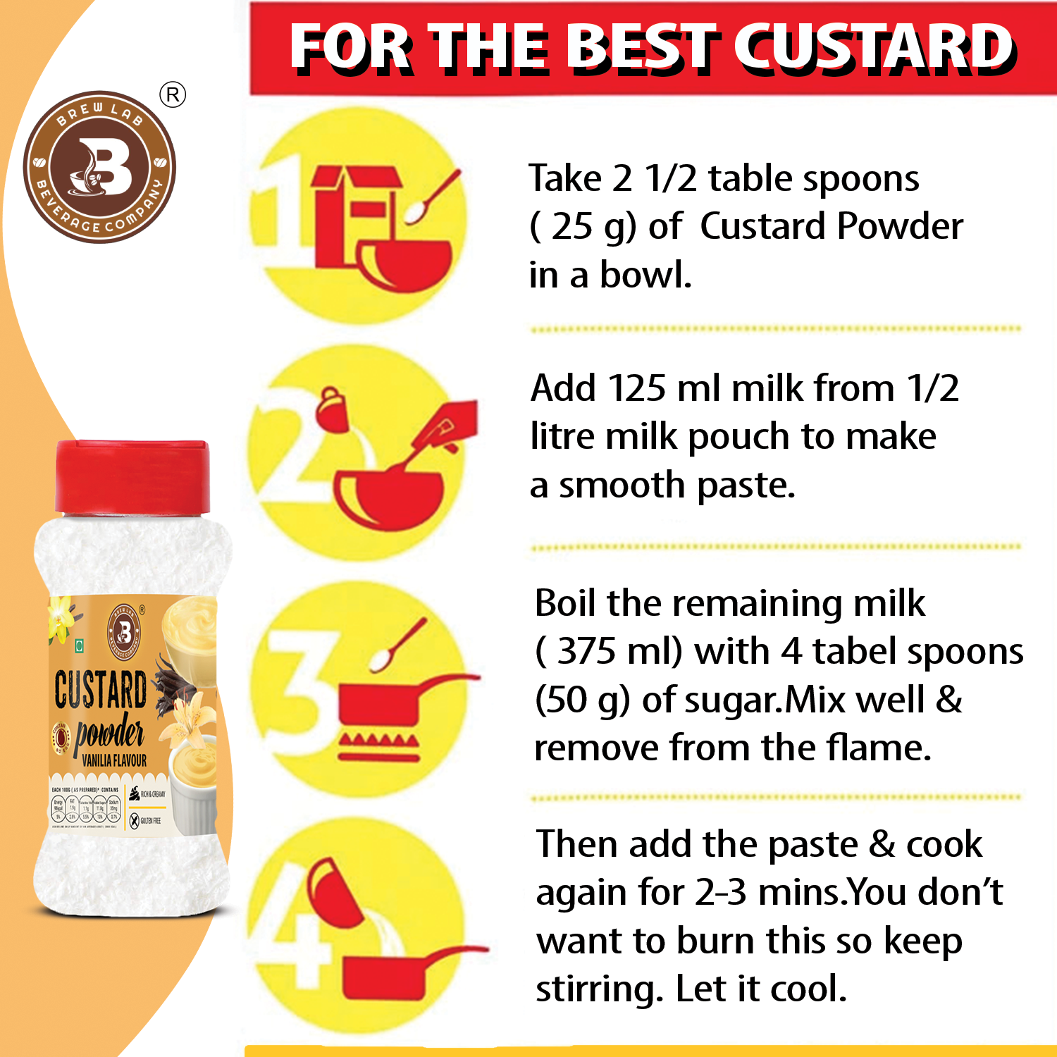 Brew Lab Vanilla Flavor Custard Powder | For Fruit Salad, Pudding, Milkshake & Desserts - 100 g