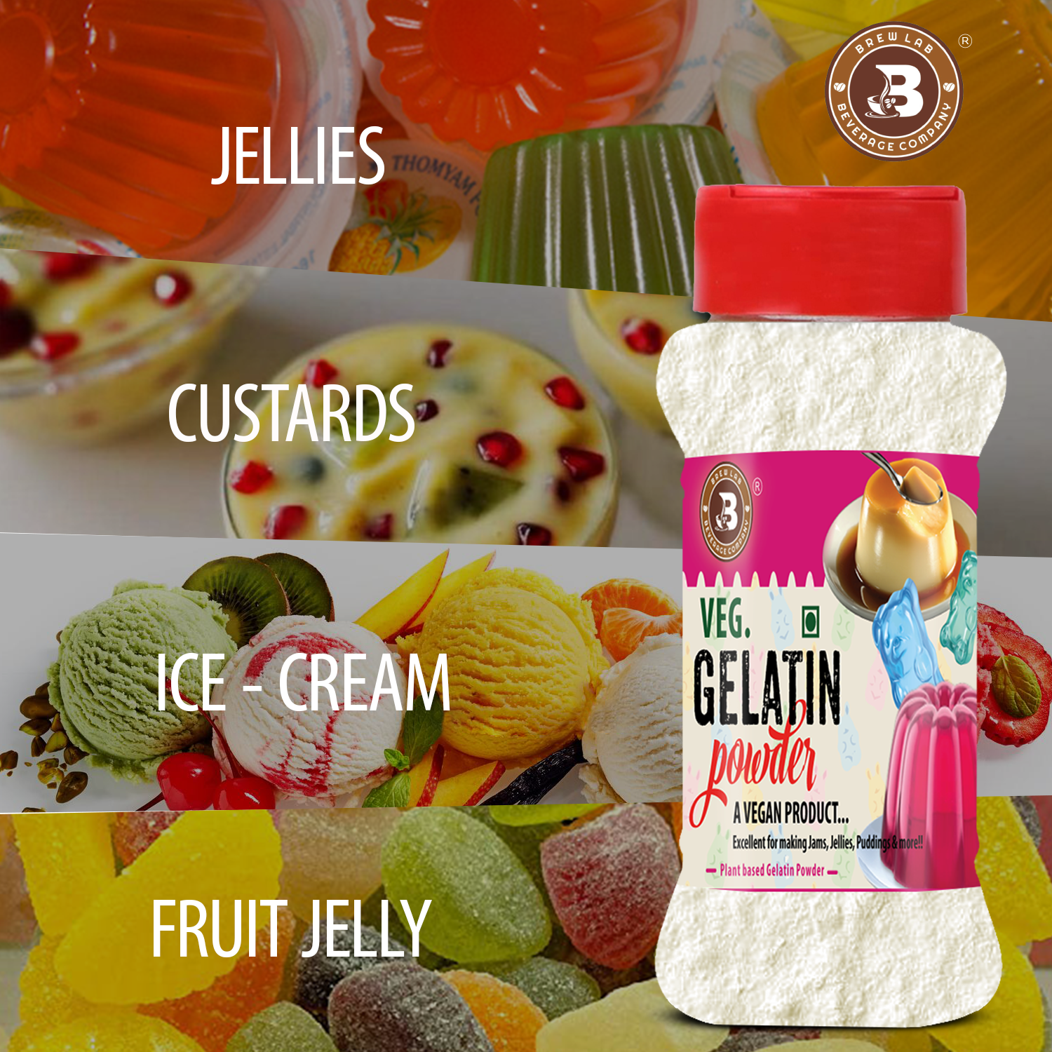 Brew Lab Veg Gelatin Powder | A Vegan Product | Perfect for Making Jelly Gelatin Powder(100GM)