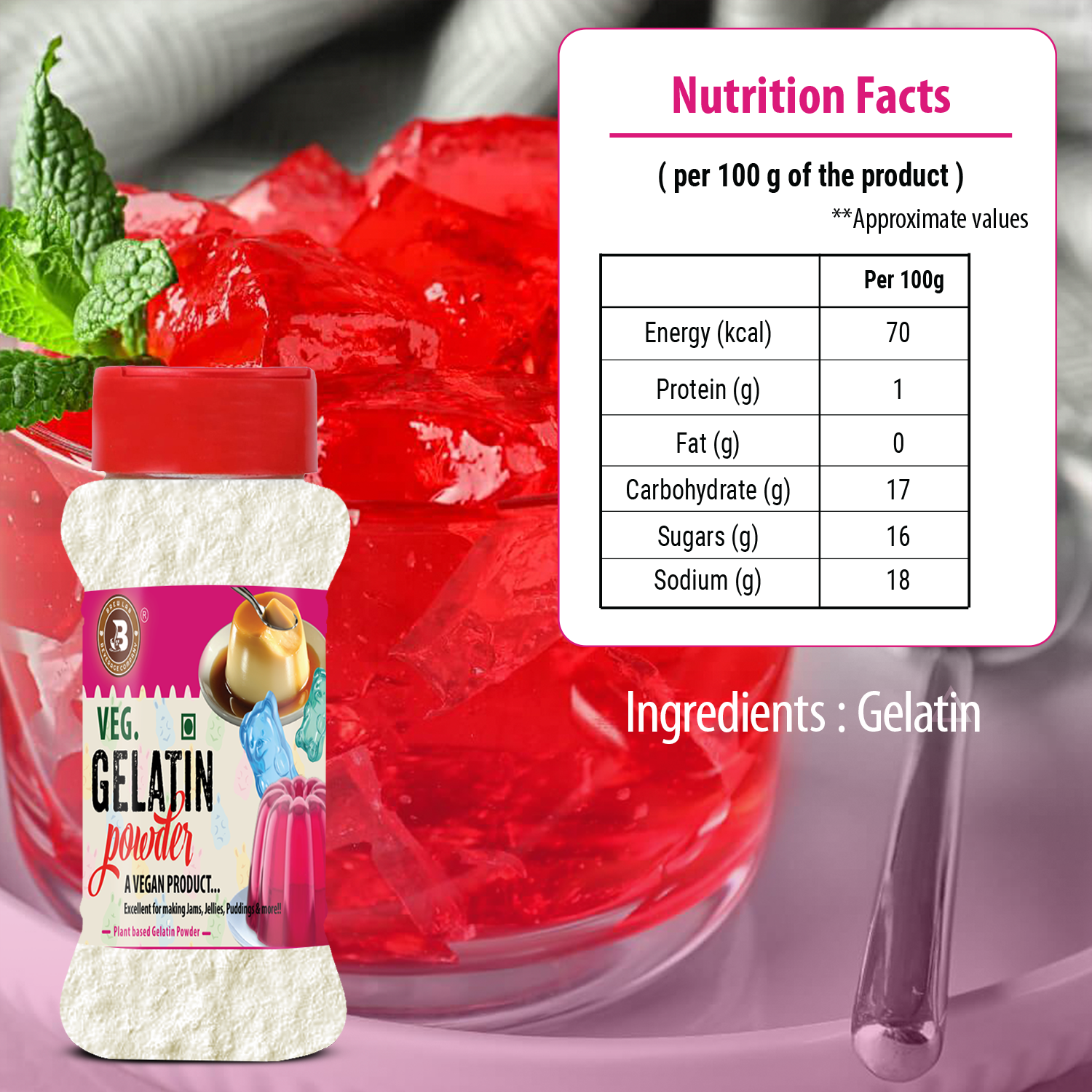 Brew Lab Veg Gelatin Powder | A Vegan Product | Perfect for Making Jelly Gelatin Powder(100GM)