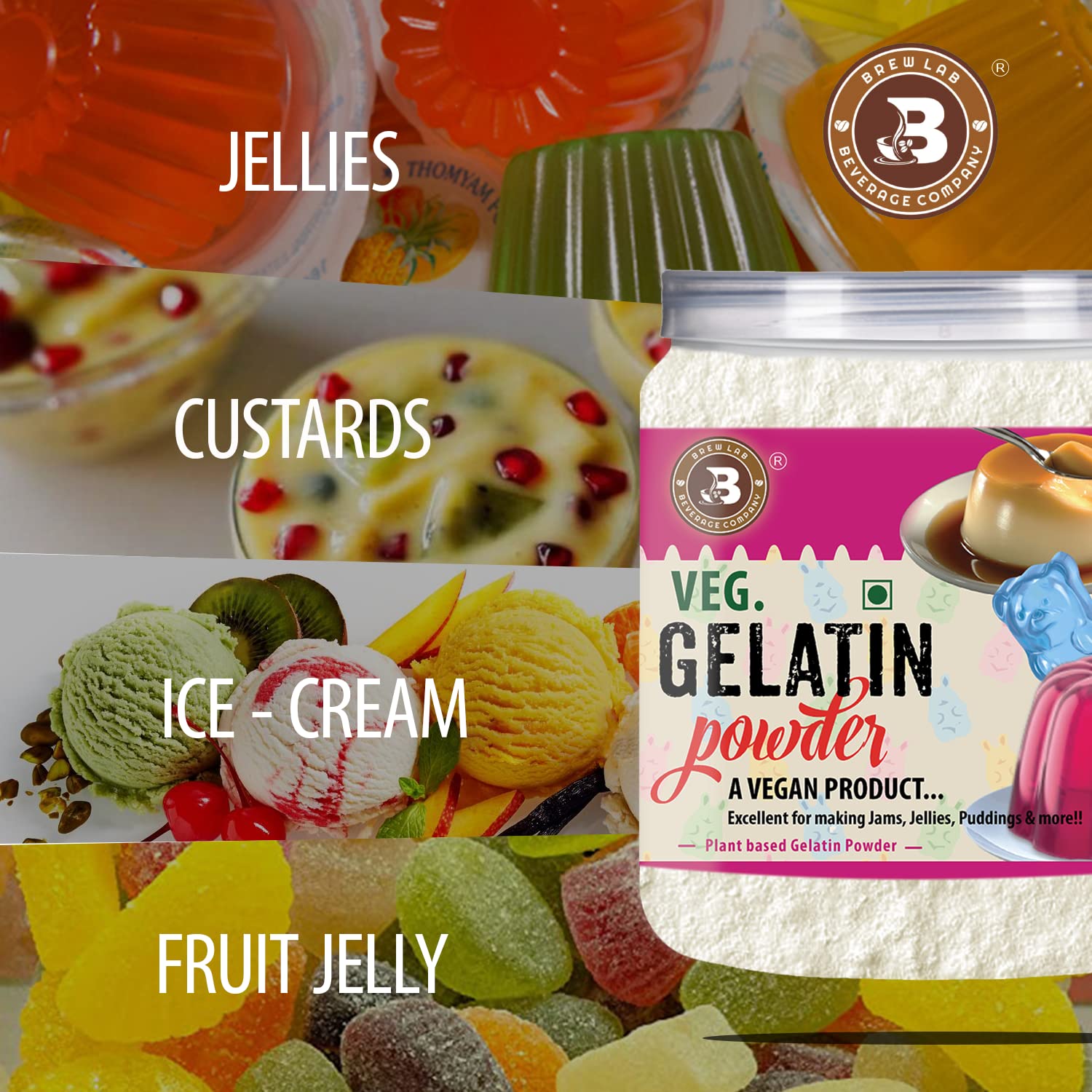 Brew Lab Veg Gelatin Powder | A Vegan Product | Perfect for Making Jelly Gelatin Powder(100GM)