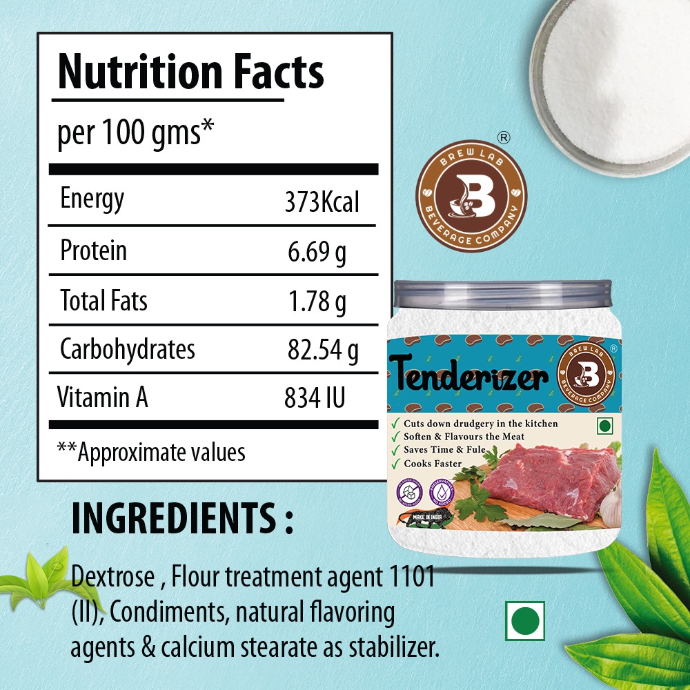 Brew Lab Veg & Gluten Free Tenderizer Powder for Softening Meat, Koftas | BBQ Rub-250g (250 g)