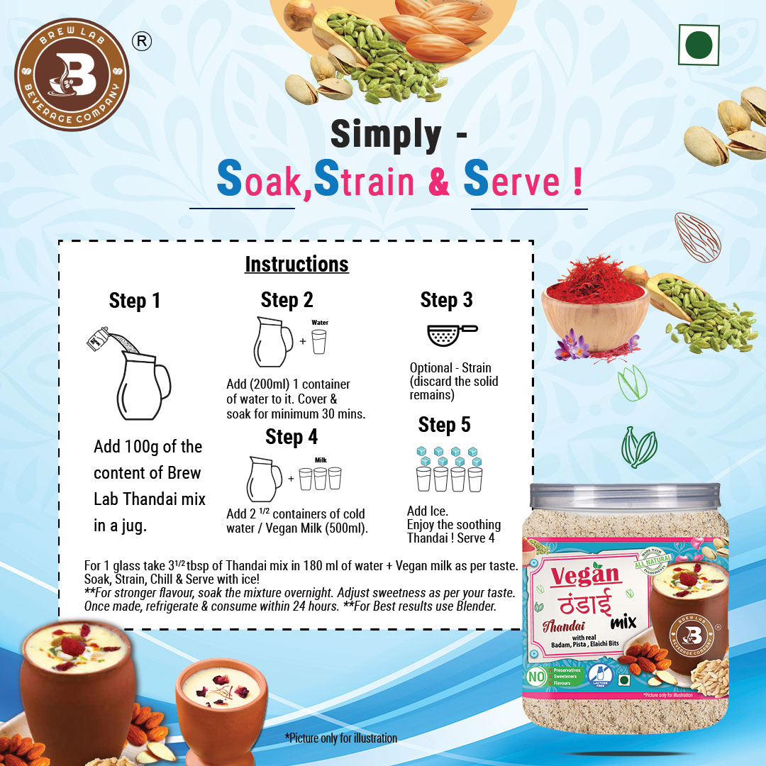 Brew Lab Vegan Thandai Drink Mix with Badam, Kesar and Elaichi | 100% Plant Based, Gluten Free, Lactose Free, Dairy Free | No Added Preservatives 250 gm
