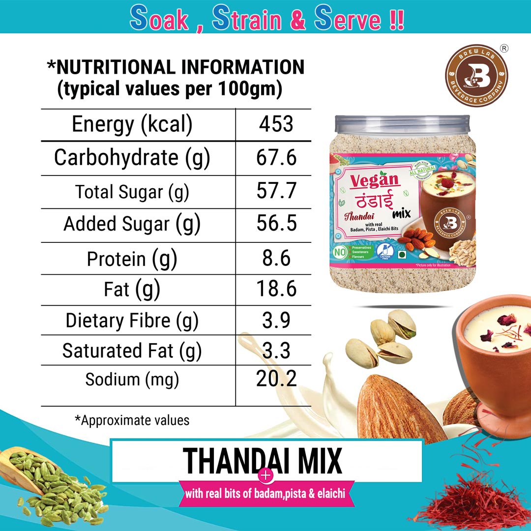 Brew Lab Vegan Thandai Drink Mix with Badam, Kesar and Elaichi | 100% Plant Based, Gluten Free, Lactose Free, Dairy Free | No Added Preservatives 250 gm